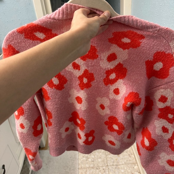 Pink Orange Ribbed Fuzzy Button Cardigan Sweater SMALL - Picture 2 of 6